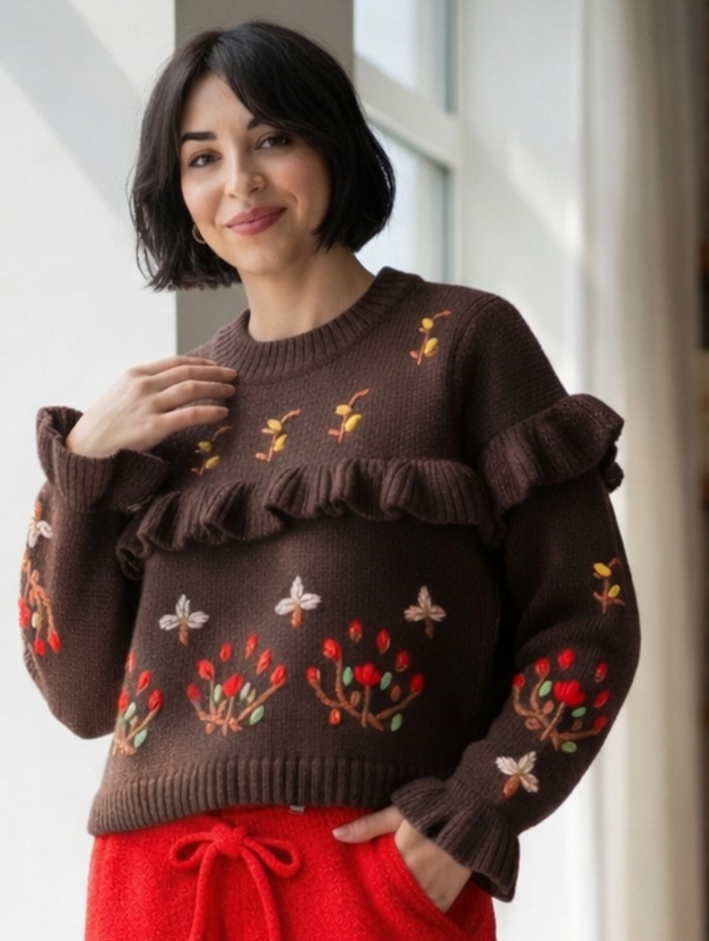 POL Chocolate Brown Ruffled Floral Granny Embroidered Mock Neck Sweater